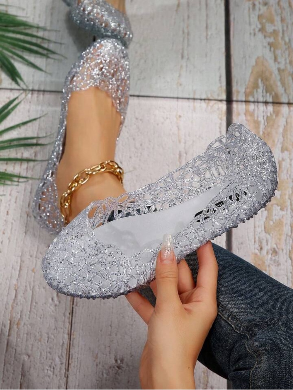 Clear Glitter Jelly Ballet Flats by - Silver Lace Design
